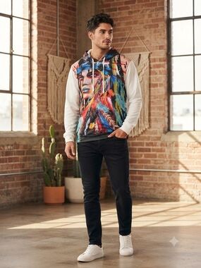 Men's Colorful Graphic Pullover Hoodie - White Sleeves